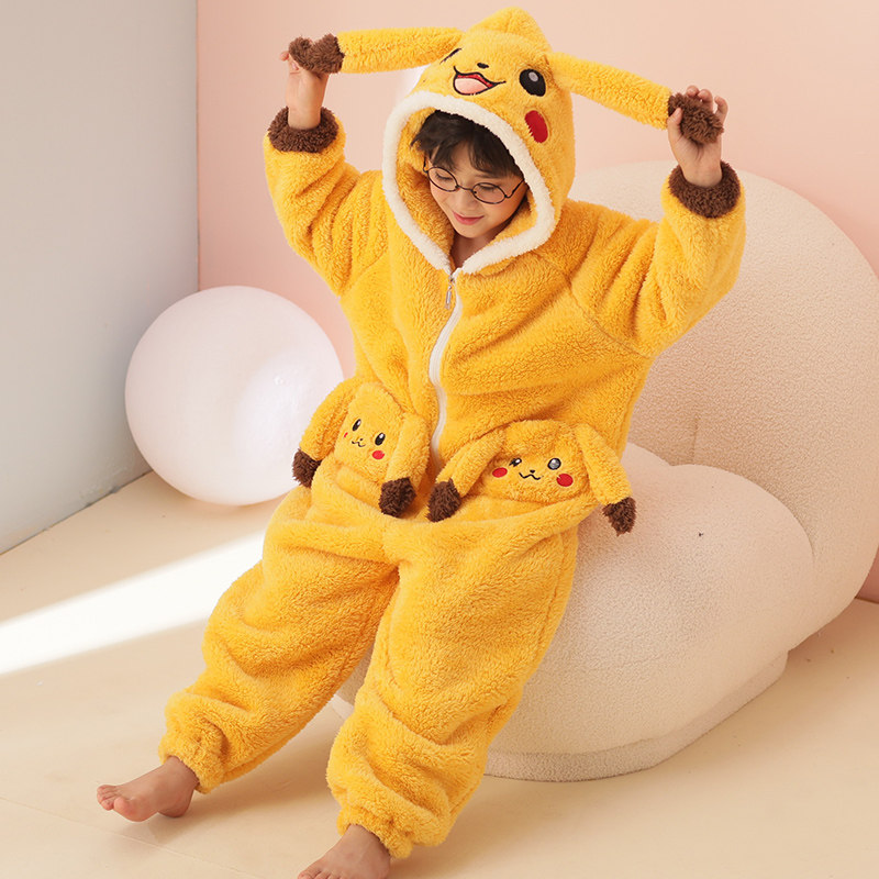 皮卡丘连体睡衣男童秋冬季法兰绒男孩儿童珊瑚绒防踢被男孩家居服
