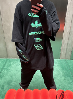 秋冬新款周董上身AMB黑色圆领发泡印花假两件长袖T恤男宽松打底衫