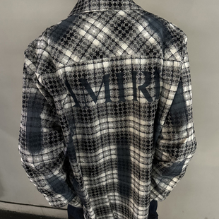 AMIR1秋冬翻领纽扣黑白格纹下摆弧形泼墨长袖衬衫男女同款外套潮