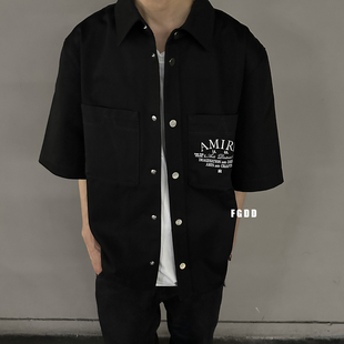 AMIR1夏季翻领军士风刺绣字母口袋宽松纽扣短袖衬衫男潮cleanfit