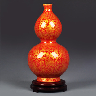 景德镇仿古手绘中式古典陶瓷器辣椒红描金葫芦花瓶古典摆件装饰品