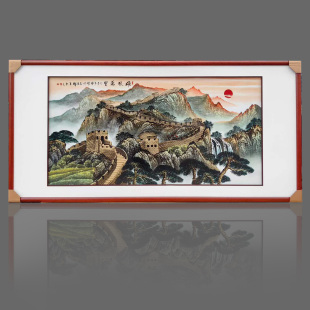 景德镇手绘雄风万里长城陶瓷瓷板画 中式客厅山水挂画 实木框壁画