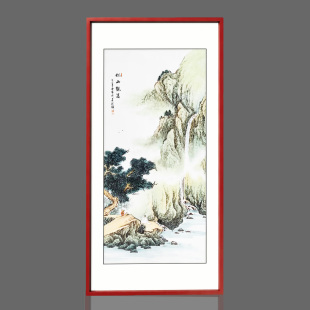 景德镇瓷板画 松山观瀑山水图 实木框中式玄关客厅背景墙装饰挂画