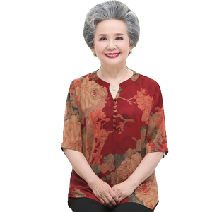 胖妈妈夏装短袖真丝绸缎上衣加肥加大码中老年人女装奶奶两件套装
