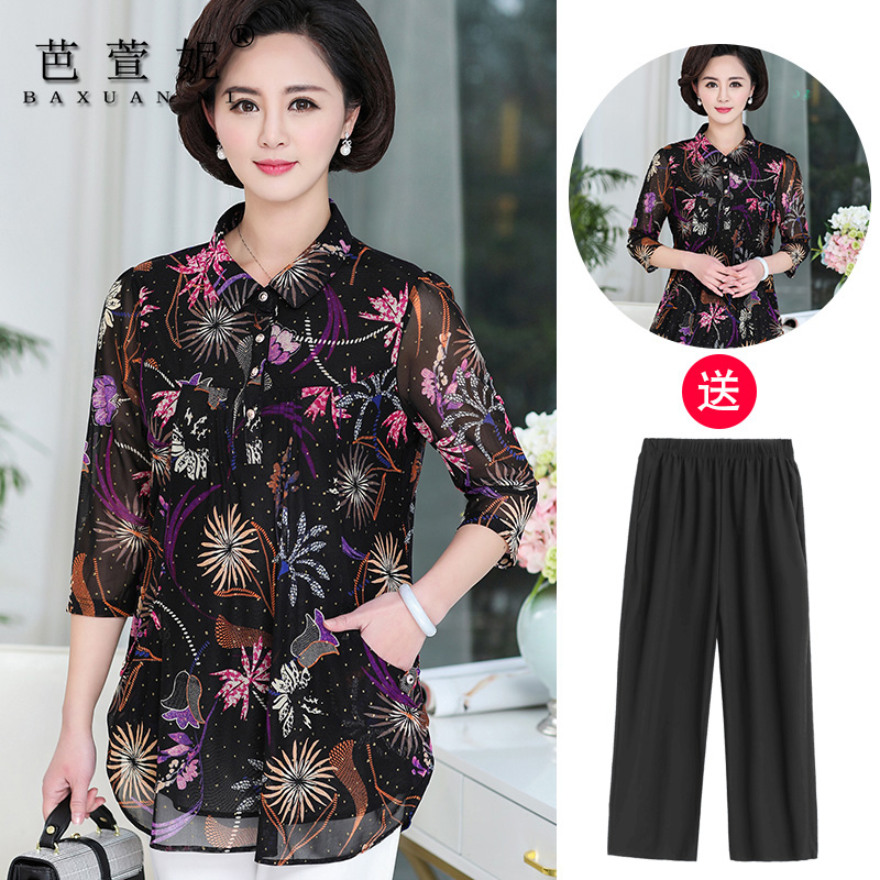 中年妈妈春装雪纺衬衫t恤中老年女装夏装短袖衬衣加肥加大码上衣