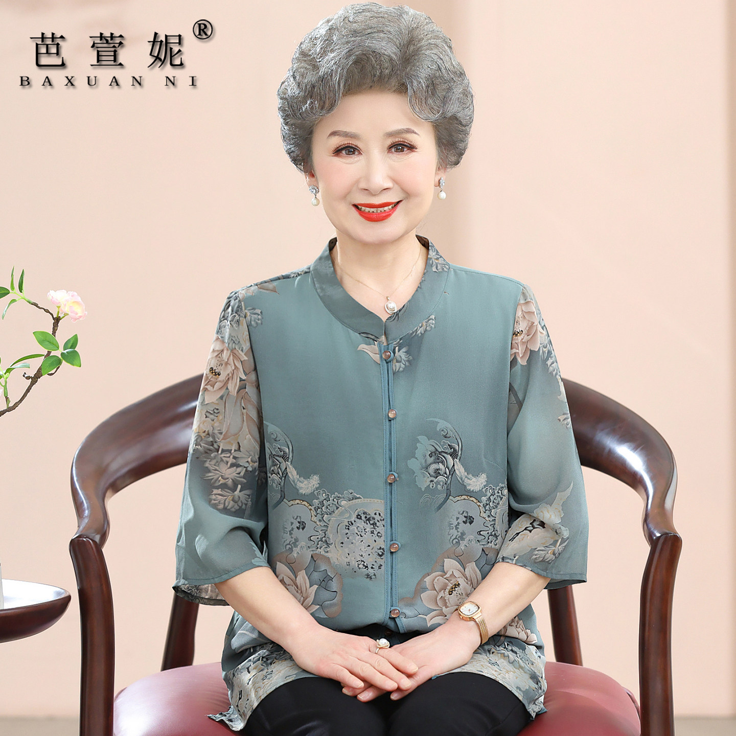 中老年人夏装女国风高档衬衫奶奶套装老人太太衣服妈妈夏季薄衬衣