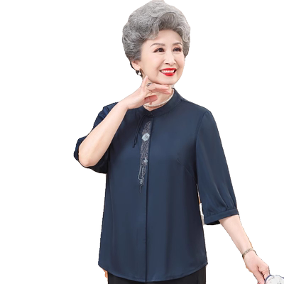 中老年人夏装女套装真丝绸缎衬衫