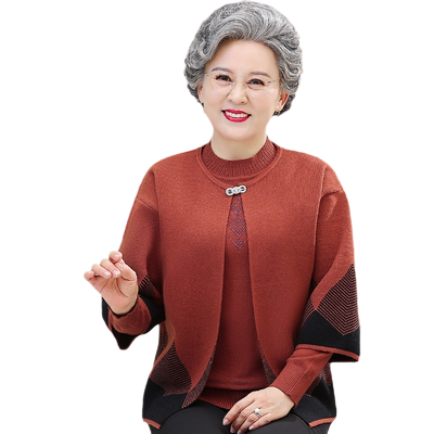 妈妈秋冬加绒老年人女针织两件套