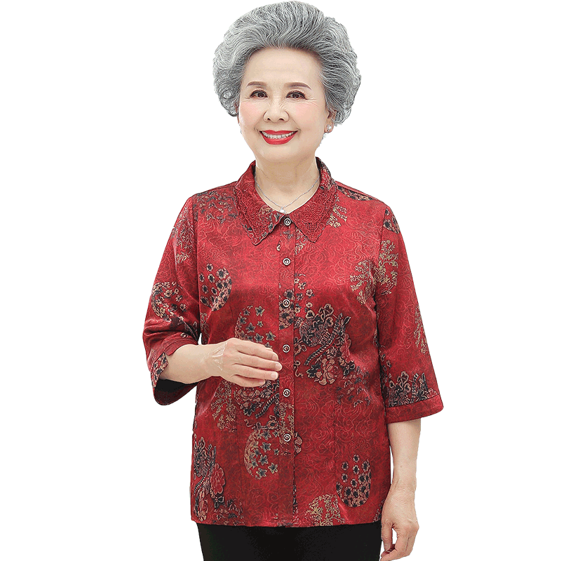 中老年人女妈妈夏装两件套装宽松大码真丝绸缎衬衣t恤奶奶装衬衫