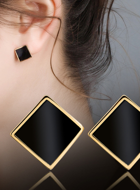 纯银针黑色耳钉女气质韩国个性简约网红耳坠百搭短发耳环新款潮饰