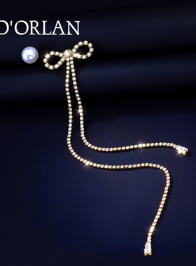 蝴蝶结不对称纯银针耳环女珍珠耳钉一长一短ins小众长款流苏耳饰