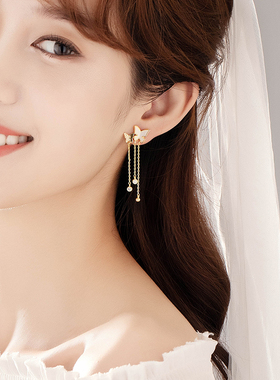 不对称长款纯银流苏蝴蝶耳环耳饰女 韩国个性不规则显脸瘦的耳环