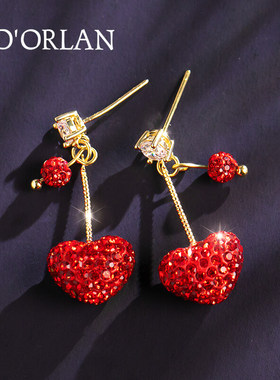 红色叶子心形耳环女2021年新款潮秋冬耳钉纯银针气质网红韩国耳饰