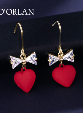高级感红色桃爱心形蝴蝶结耳环女秋冬耳钉耳饰网红风2020年新款潮