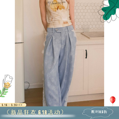 蕾丝拼接提花牛仔阔腿裤