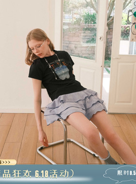 THESEVENTHTAIL设计师品牌趣味苹果印花修身宽松款T恤黑色