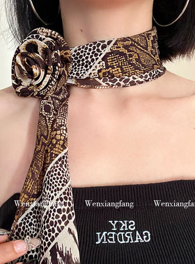 复古辣妹y2k豹纹玫瑰花朵丝巾