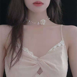 法式浪漫性感优雅复古花朵鱼线珍珠锁骨链超仙气质少女项链choke