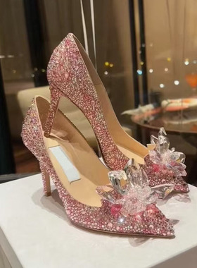 jc一字带高跟鞋2025新款一字尖头银色水钻休闲婚庆细跟浅口凉鞋女