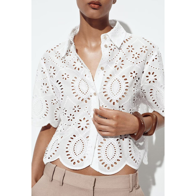 夏季新女装镂空刺绣短袖翻领衬衫