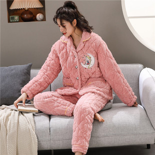 冬季加厚睡衣女珊瑚绒夹棉家居服青年法兰绒加厚加绒连帽保暖套装