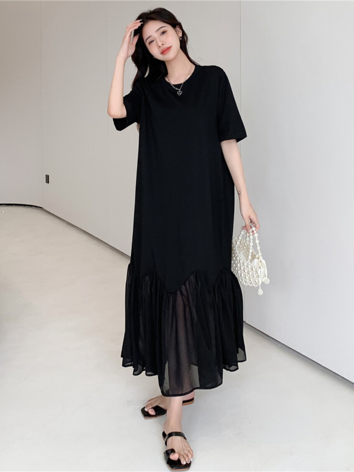 한국 대형 버전 2023 여름 신상 대형 긴 기질 스플리싱 멋진 주름 스커트 반소매 불규칙 드레스