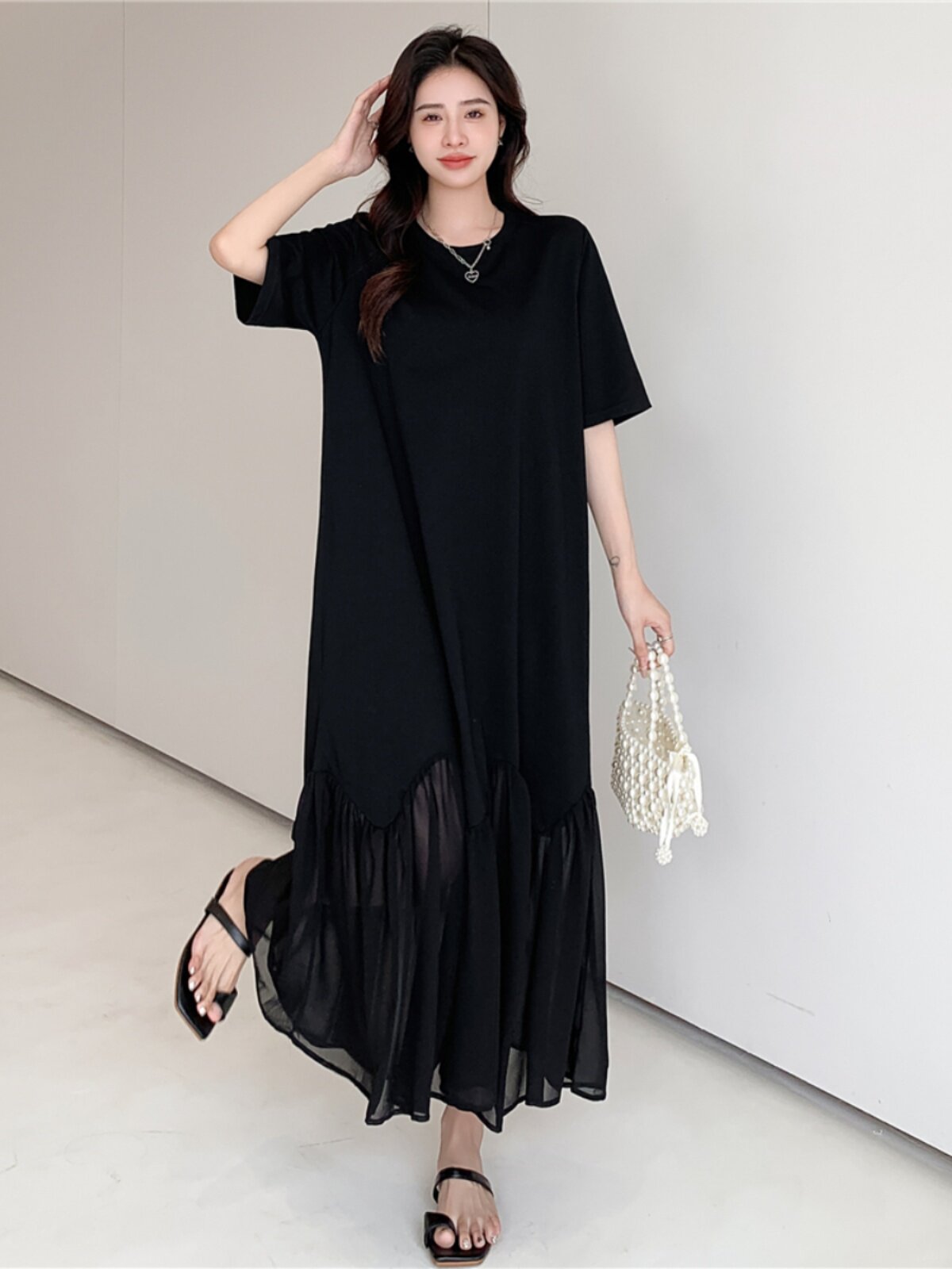 한국 대형 버전 2023 여름 신상 대형 긴 기질 스플리싱 멋진 주름 스커트 반소매 불규칙 드레스