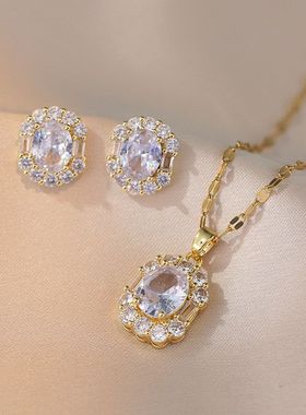 项链女 网红花朵锆石小众日韩风新款设计感吊坠气质套装钛钢项链