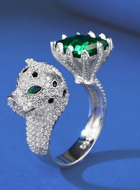 辉之翼珠宝S925银戒指高碳钻豹子系列仿真祖母绿8*10mm猎豹戒指环