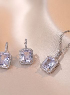 项链女网红彩色锆石几何小众时尚新款设计感吊坠气质套装钛钢项链