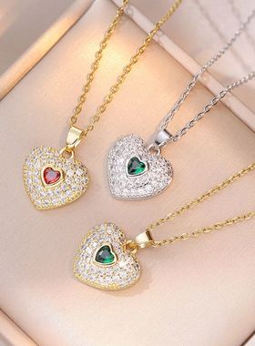 项链女网红爱心相应锆石小众时尚新款设计红宝石吊坠气质钛钢项链