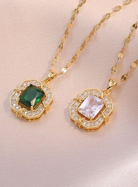 项链女时尚微镶锆石满钻款项链新款简约小众设计感方形绿色锁骨链