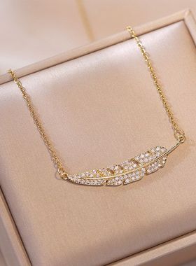 项链女抖音网红小众设计树叶镶钻简约一叶暴富饰品代发钛钢锁骨链