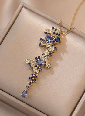 项链女 蓝宝石大气奢华名媛蝴蝶项链气质锆石微镶满钻钛钢锁骨链