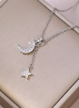 项链女跨境时尚月牙小清新钛钢项链小众设计感吊坠锁骨链气质饰品