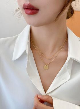 钛钢项链女 日韩风新款简约双层圆牌十字架项链锁骨链项饰品