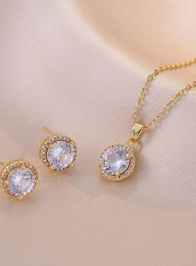 项链女网红花朵锆石几何小众时尚新款设计感吊坠气质套装钛钢项链