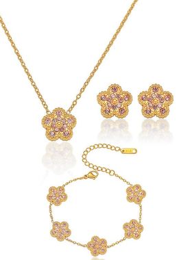 项链女网红五叶草锆石花朵小众跨境新款设计感气质套装不锈钢项链