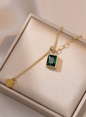 项链女 网红祖母绿锆石几何小众时尚新款设计感吊坠气质钛钢项链