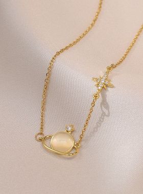 项链女 新款韩版时尚猫眼石地球吊坠钛钢项链ins网红同款锁骨链