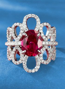 辉之翼珠宝925银镶嵌7*9mm鸽血红鸽子蛋满钻喜庆红色高碳钻女戒指