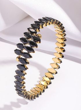 不锈钢手镯女 欧美ins时尚小众黑色手环饰品满钻潮马眼锆石开口