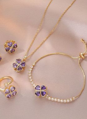 项链女网红爱心锆石花朵小众旋转新款设计感吊坠气质套装钛钢项链