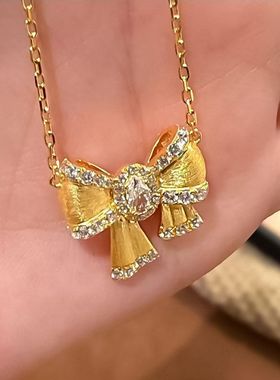 辉之翼珠宝S925纯银镀金满钻拉丝少女心蝴蝶结项链时尚轻奢锁骨链