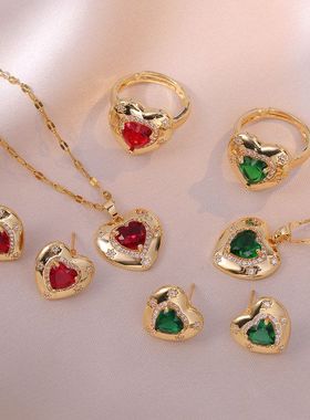 项链女网红 欧美宫廷中古风复古气质绿色锆石爱心耳环项链戒指女