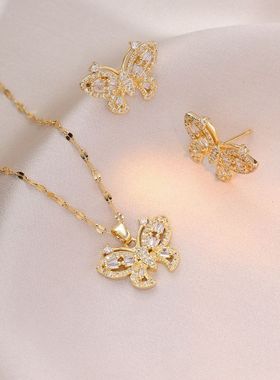 项链女 日韩风蝴蝶锆石项链小众新款设计感耳环气质套装钛钢项链