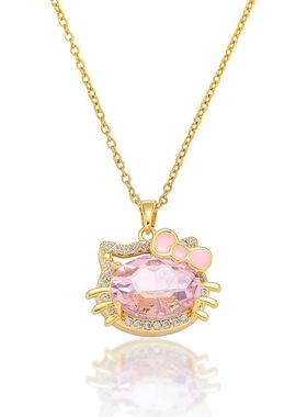 项链女欧美网红跨境新款蝴蝶结kt猫咪气质粉色满钻项链可爱锁骨链