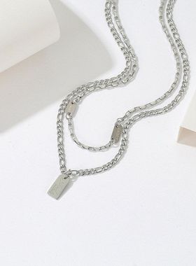 钛钢项链女 方牌拼接字母流苏男小众时尚ins嘻哈潮酷设计感锁骨链