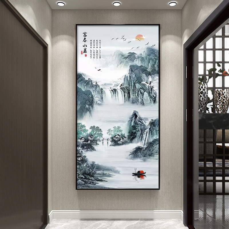 山水玄关装饰画大气新中式客厅竖版走廊过道壁画办公室背景墙挂画