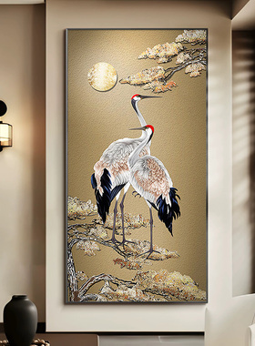 新中式松鹤延年玄关背景墙挂画大气走廊过道壁画金色迎客松装饰画